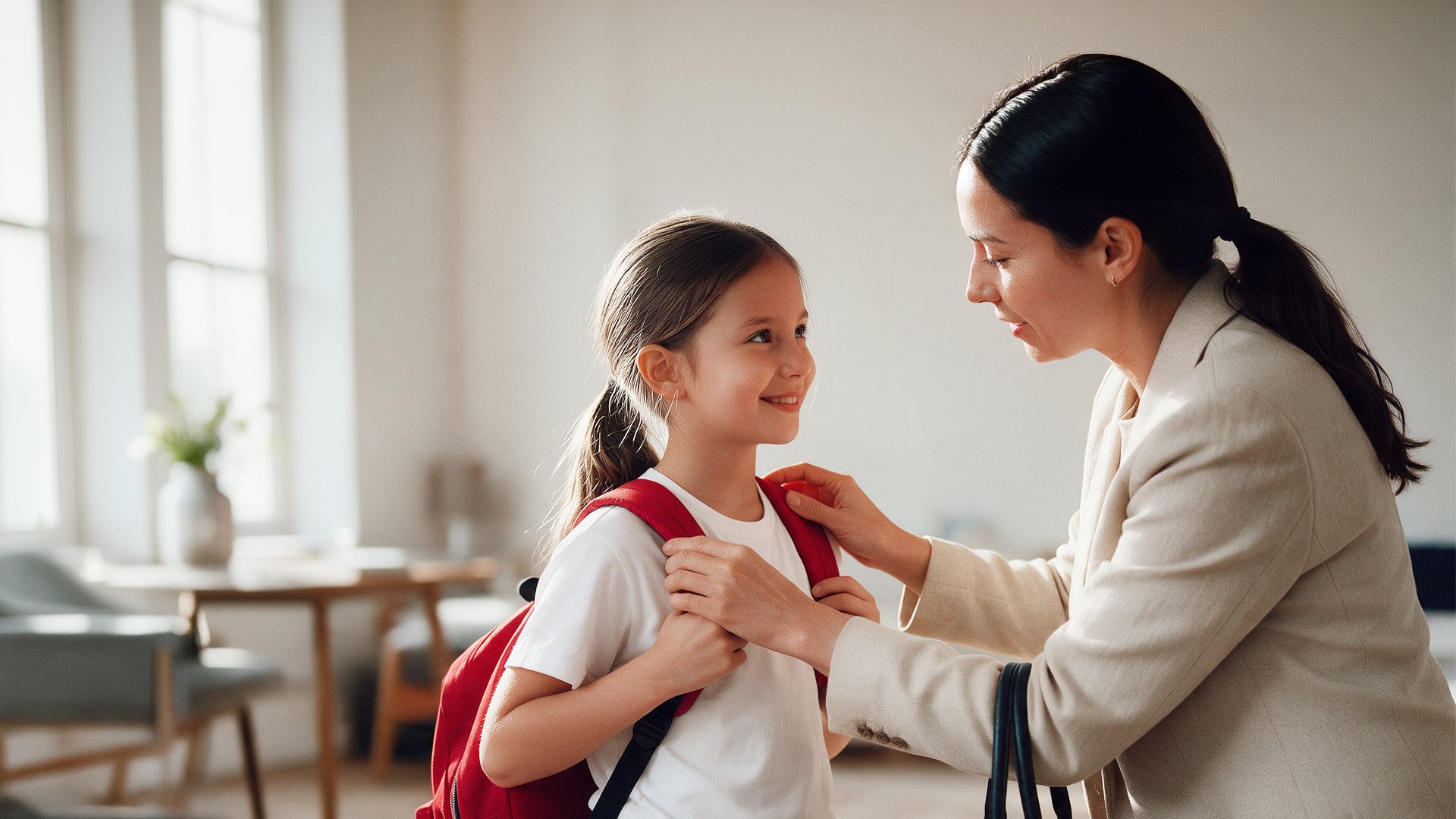 Mãe a ajustar a mochila da filha antes de saírem de casa, uma para a escola e a outra para o trabalho